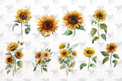 Watercolor Sunflowers Clipart - fall sunflower floral bouquets in PNG format instant